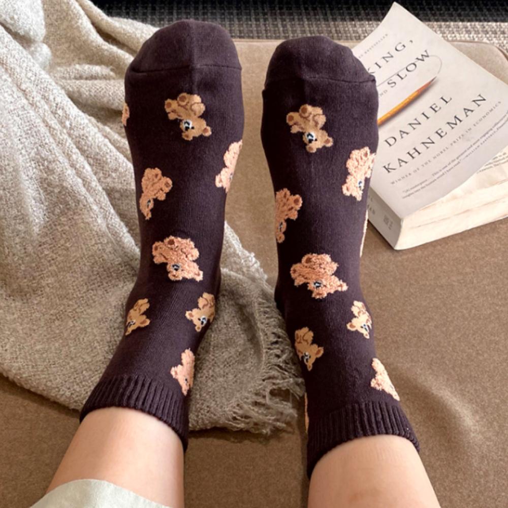1~5pair Korean Teddy Bear Socks – Cute Cozy Women’s Cotton Socks – 5 Colors Set – K-Fashion Trending Gift Idea