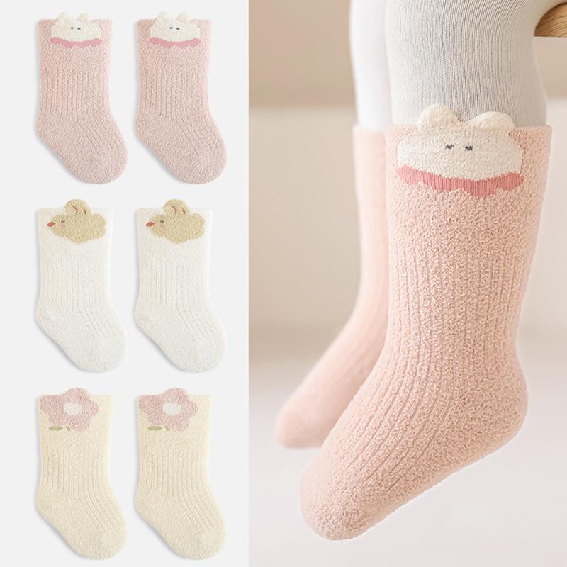 3 Pairs Winter Baby Socks Warm Thick Newborn Socks Cute Cartoon Loose Cuff Mid Tube Children Socks for Girls and Boys