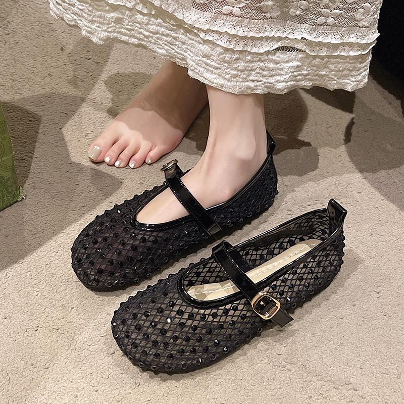 Spring new mesh one-word buckle ballet shoes women's rhinestone flats hollow fishing net Mary Jane single shoes