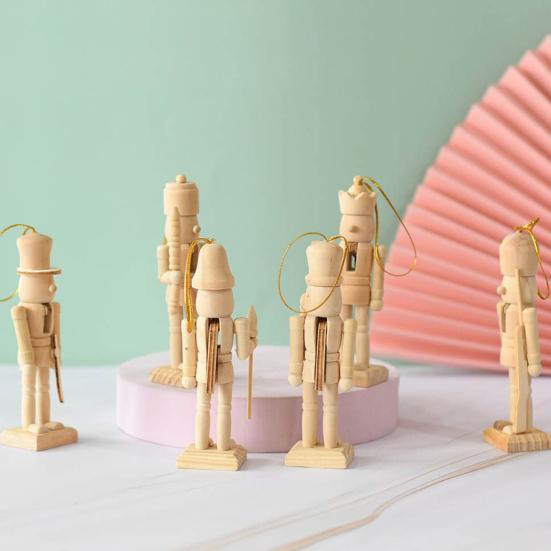 6Pcs Nutcracker Ornaments Set, Wooden DIY Christmas Decorations, Paintable Wood Hanging Pendants for Xmas Tree Crafts