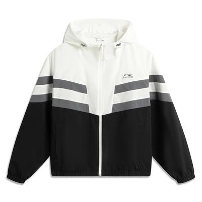 Li Ning Color Block Zipper Hooded Casual Loose Sports Windbreaker Men Outerwear Black Off-White AFDV701-6