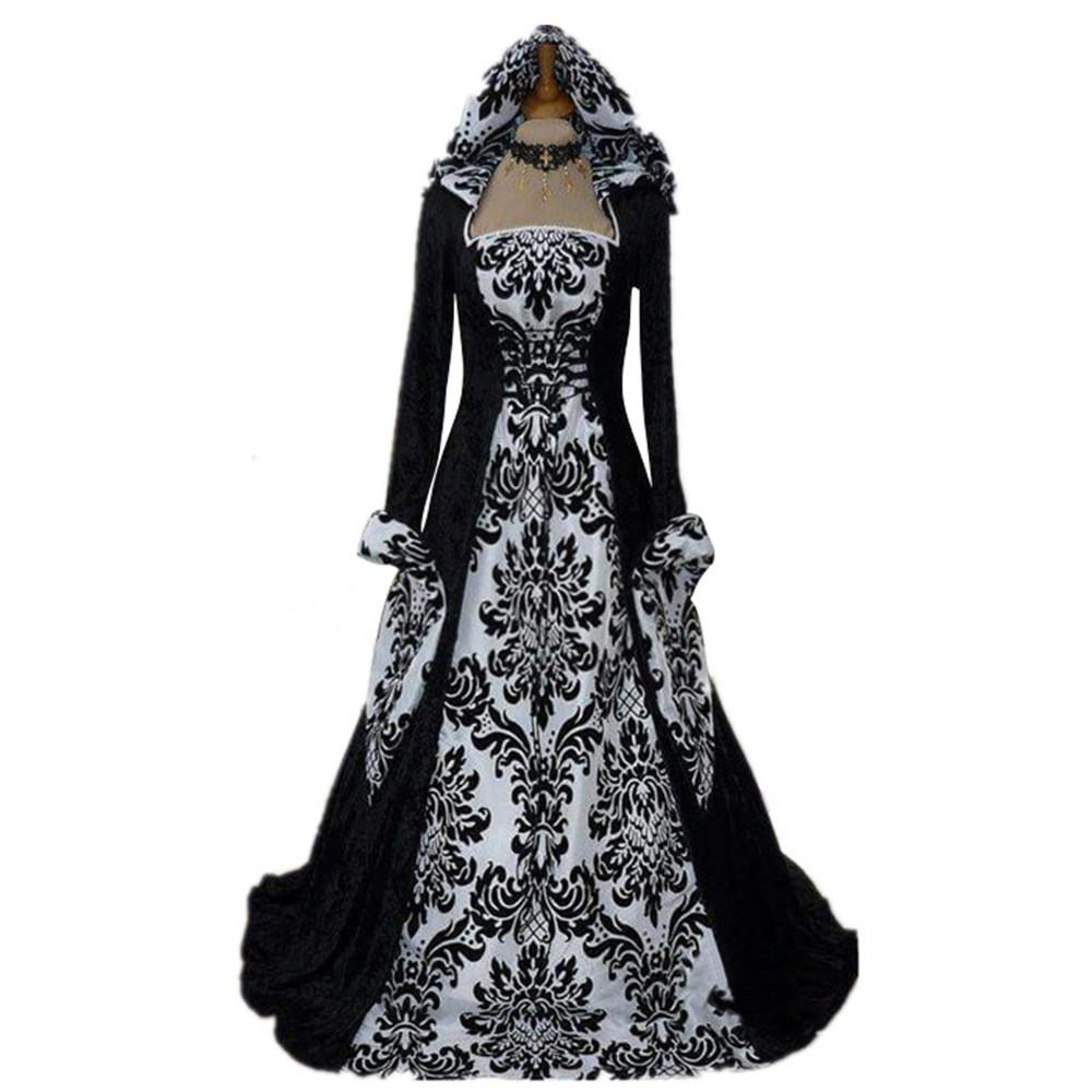 Long Hooded Sleeved Dress Draw In Waist Printed Court Skirt Cosplay Costume