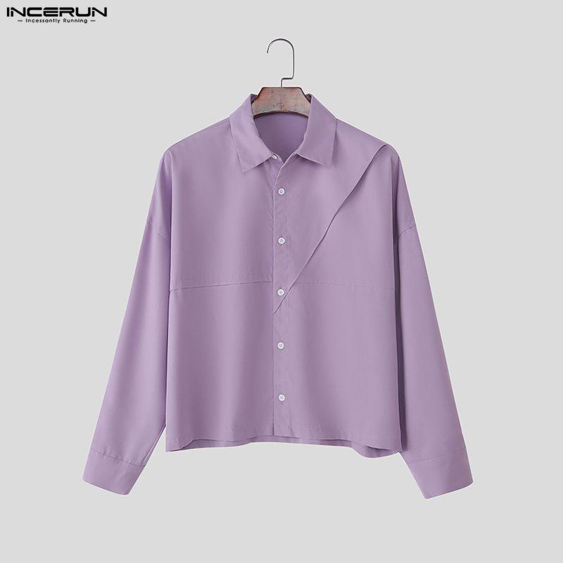 INCERUN Oversized Men Lapel Neck Long Sleeve Casual Loose Short Shirts Tops