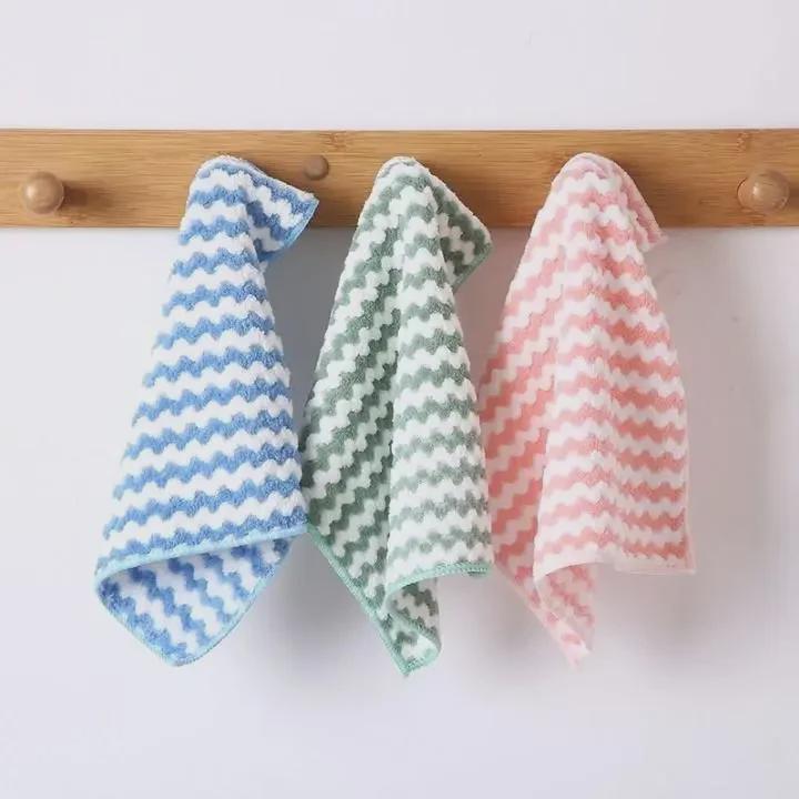 Thick Striped Coral Fleece Kitchen Towels - Absorbent, Degreasing Dish Cloths
