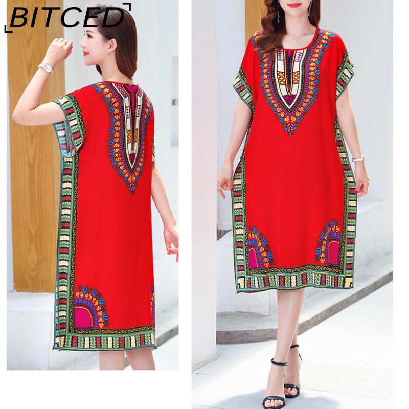 BITCED Summer Dress Geometric Print Pullover One Size Chic Women Mid-Calf Dress For Homewear