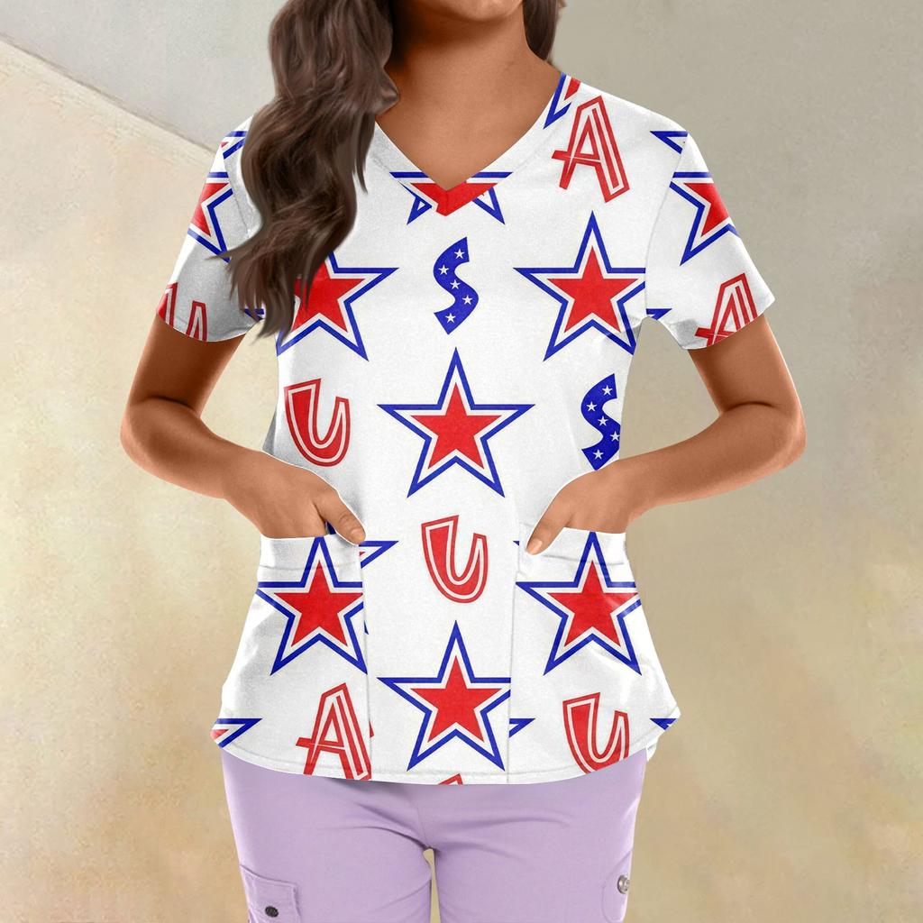 Topuri Uniformă de Lucru Scrub Imprimate Mărimi Mari Pentru Femei Gât în V Încrucișat Imprimeu Ziua Independenței Mânecă Scurtă Tricouri Amuzante Tricou de Lucru cu Buzunare