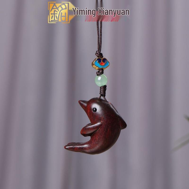 Green and Purple Sandalwood Dolphin Charm Phone Keychain - Cute Wooden Handicraft Backpack Pendant for Couples Approx. 3cm