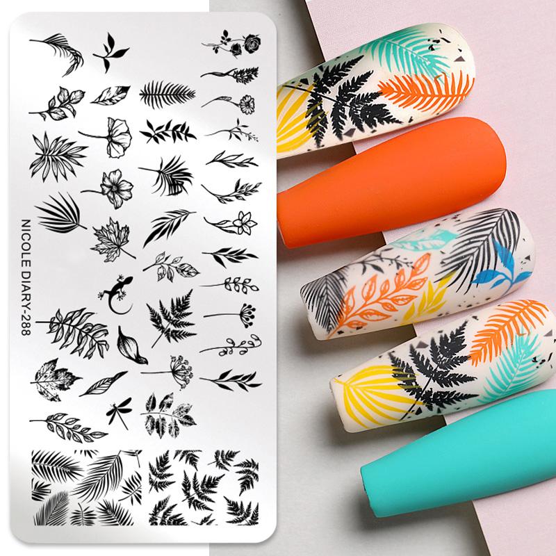 NICOLE DIARY Leaves Flower Nail Art Stamping Plates Drawing Template Geometric Stripe Line 3D Image Stencil Mold Printing Tools