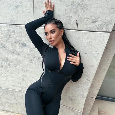 European & American Hot Girl Fashion Athletic Leather American Divider Long Sleeve Zipper Slim-Fit Butt-Lifting Jumpsuit
