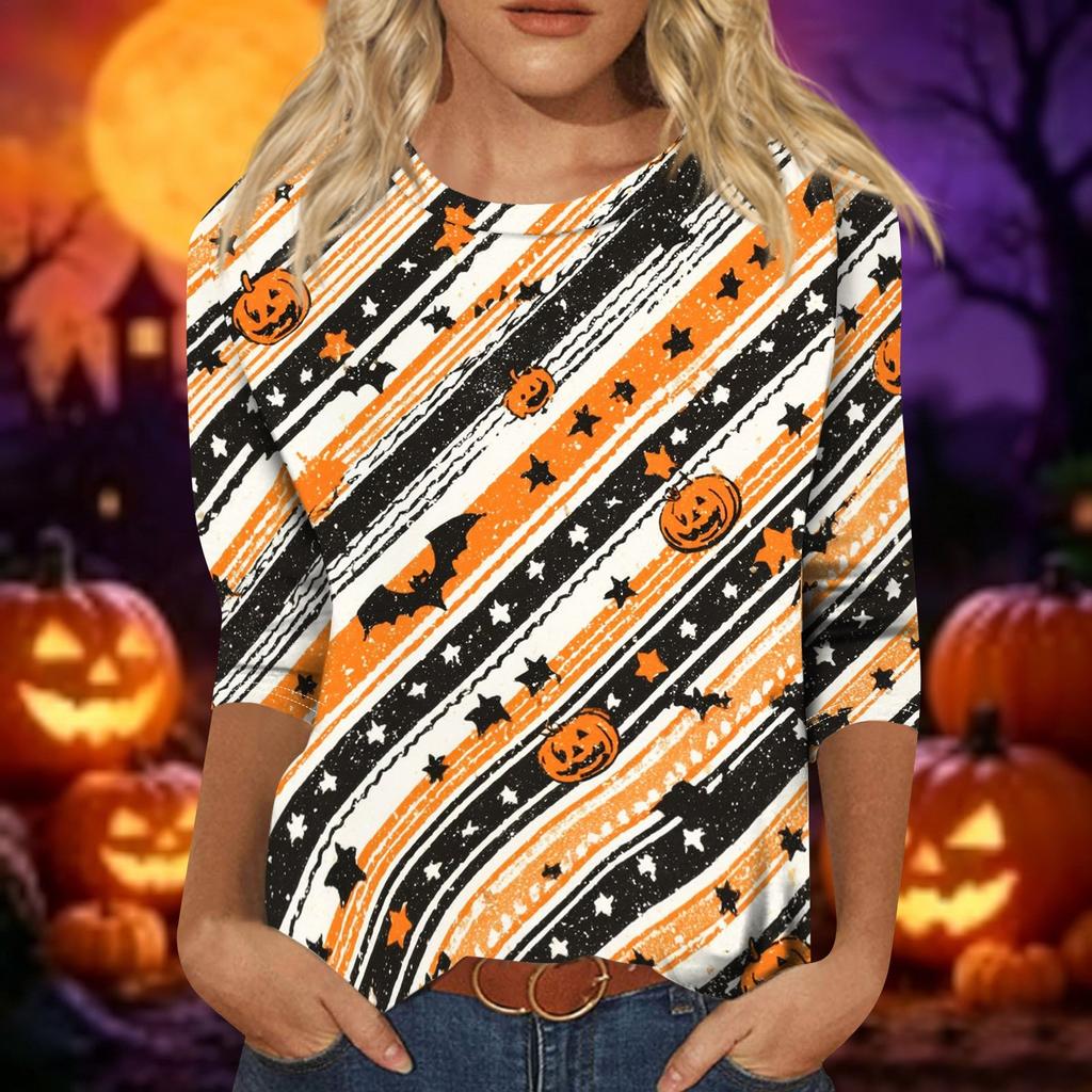 Women's Casual Halloween Print Pullover Top Three Quarter Sleeve Round Neck Shirt Lightweight Comfortable Fabric