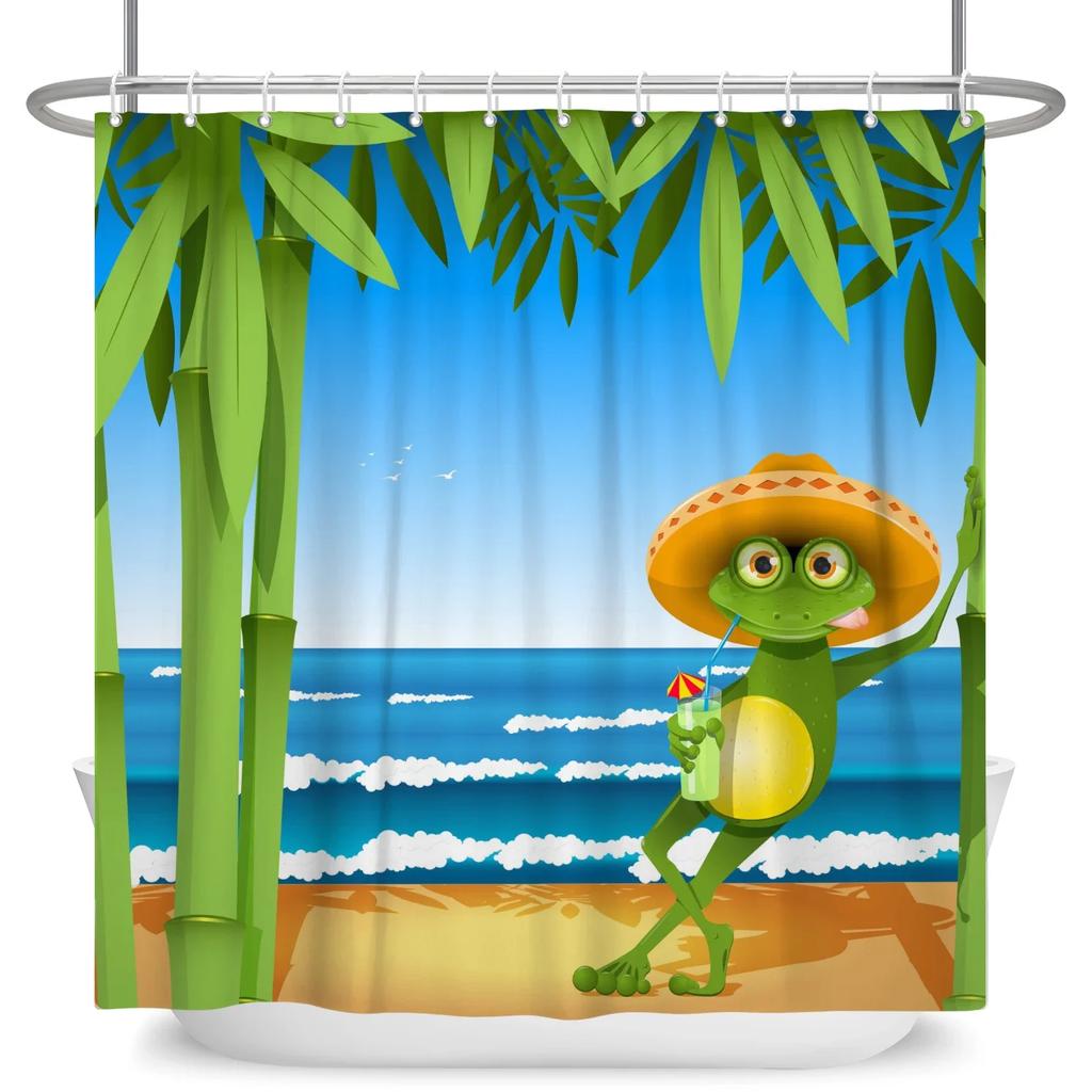 Funny Frog Cartoon Shower Curtain Sets Leaf Animal Creative Children Bathroom Decor Waterproof Fabric Home Hooks Bath Curtains
