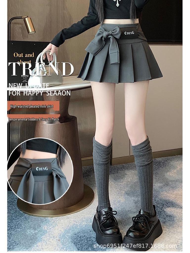 Design-Inspired High-Waisted Academic Pleated Mini Skirt with Bow Tie Strap for Women - Versatile, Anti-Exposure, Slimming