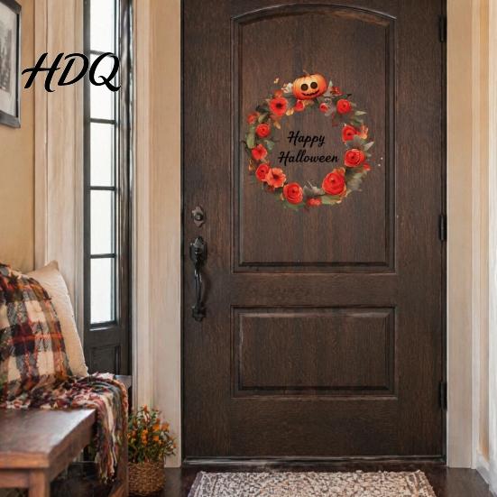 Festive Fall Window Clings Halloween Wreath Wall Stickers, Happy Garland Decals, Retro Autumn Pumpkin Floral Stickers & Rose Waterproof PVC Decor for
