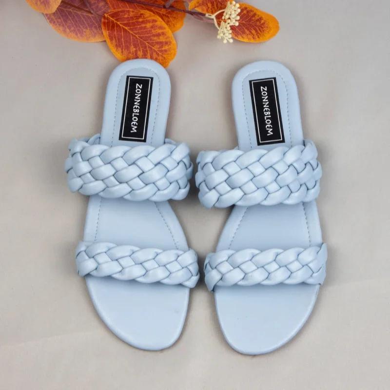 Fashion 2025 New Designer Women Outside Slippers Summer Woman Flat Slides High Quality PU Leather Fashion Double Weave Beach Sandals