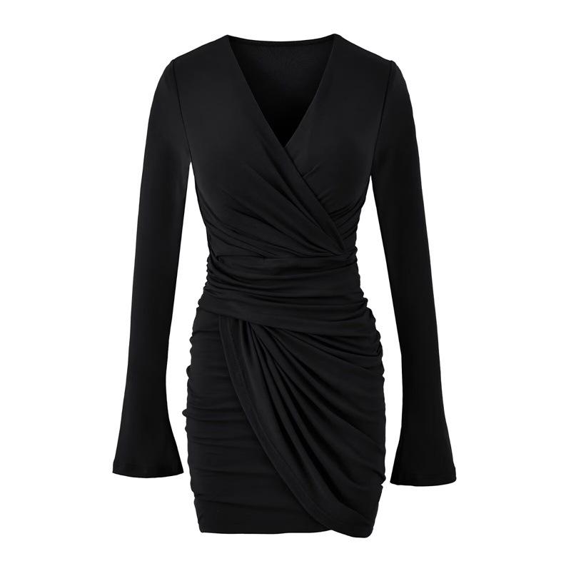 

Retro V-Neck Waist-Cinching Long-Sleeve Dress for Women - Slim Fit, Chic & Sexy Hip-Hugging Short Skirt Small