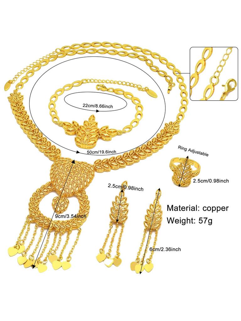 Dubai Wedding Jewelry Set: Ethnic Brass Gold-Plated Necklace, Earrings, Ring, and Bracelet.