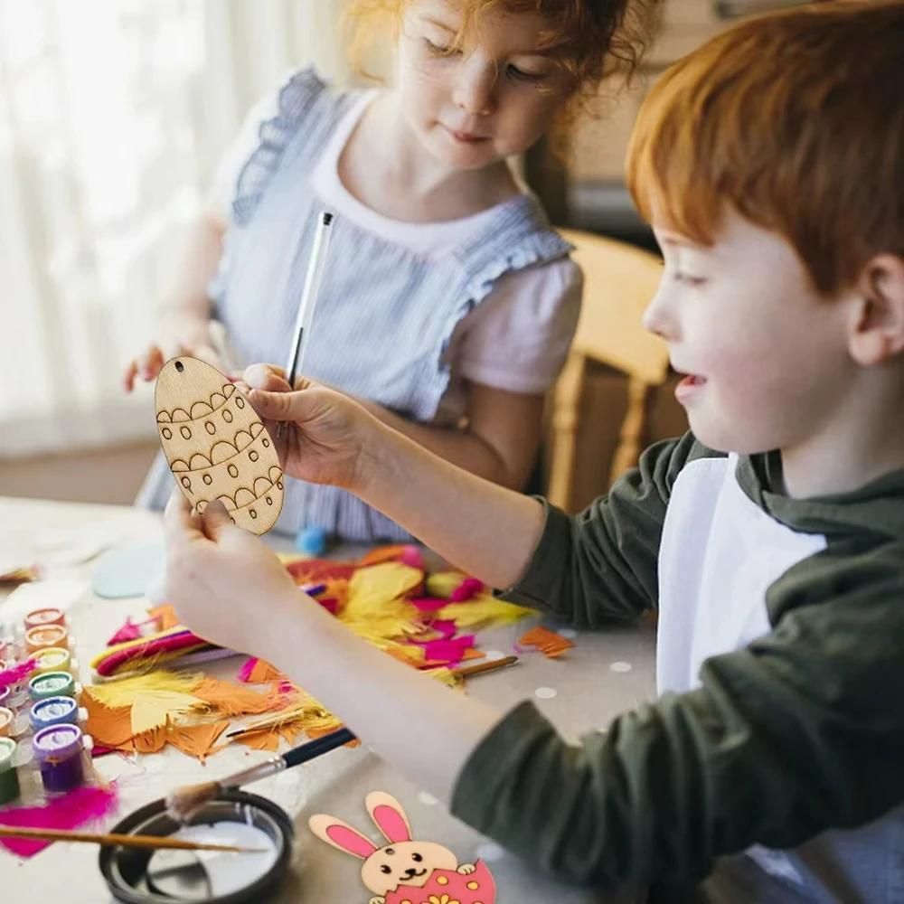 12/18/24/30pcs Wooden Pendants Easter Kids Diy Painting Filled Colored Eggs Hanging Crafts 2025 Easter Ornaments Party Supplies