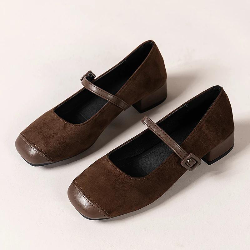 New fairy style square toe versatile Mary Jane shoes for women with thick heels and a single button with suede sole