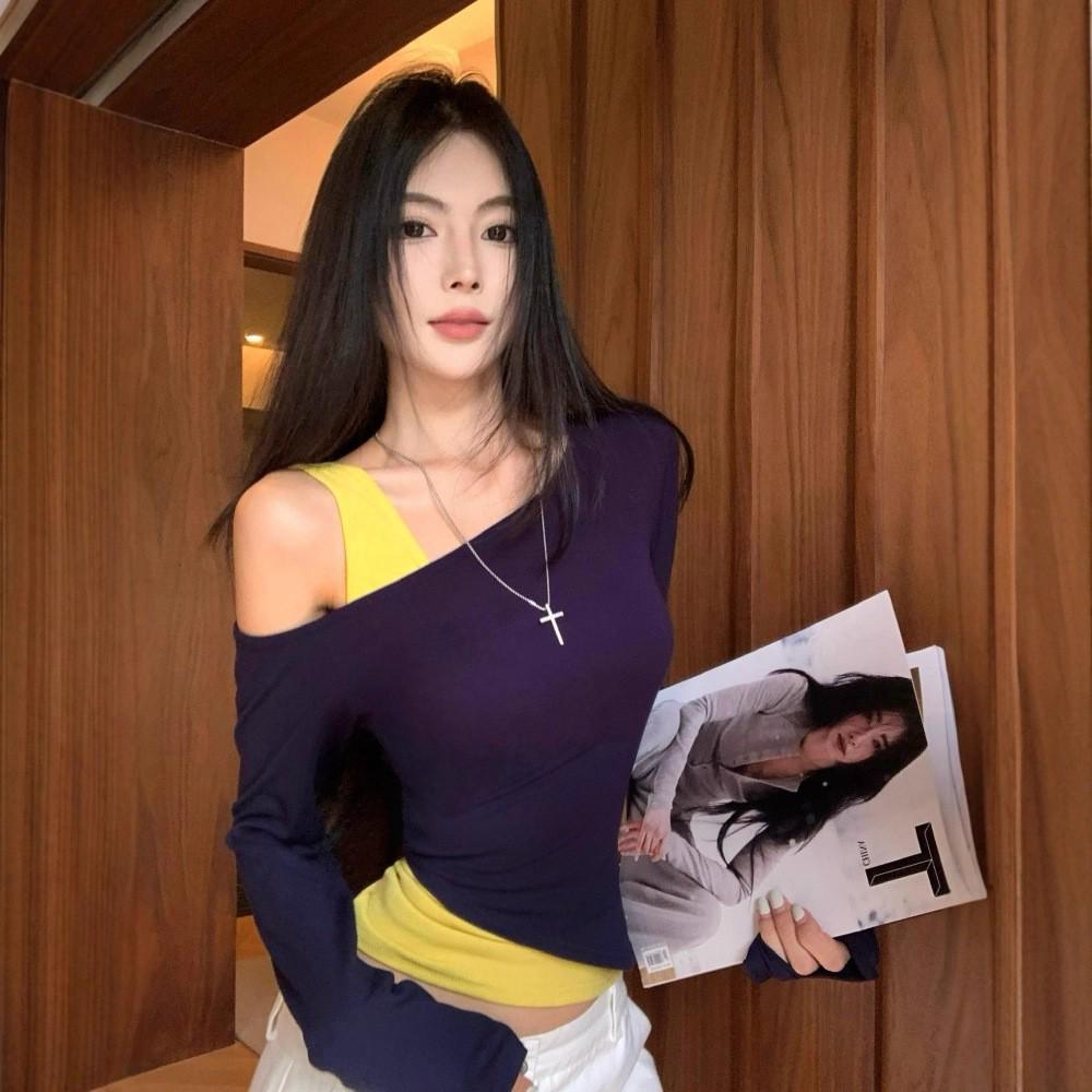 

Spicy American Style Off-Shoulder Color Block Long-Sleeve Slim Fit Two-Piece Women s Autumn Top XL темно-синього кольору