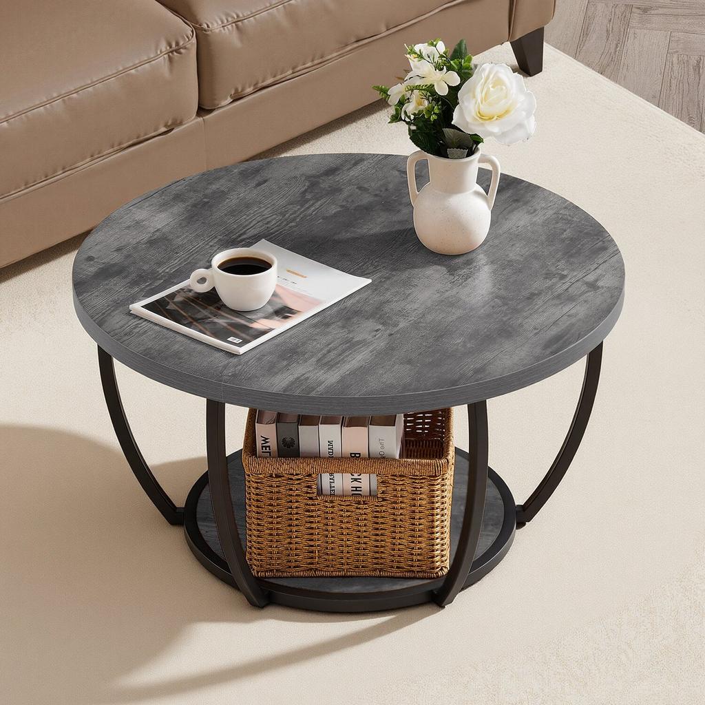 Coffee Table, Modern Round Coffee Table, 2 Tiers Wooden Circle Center Desk with Open Storage, Minimalist Sturdy Metal Frame Accent End Desk for Living