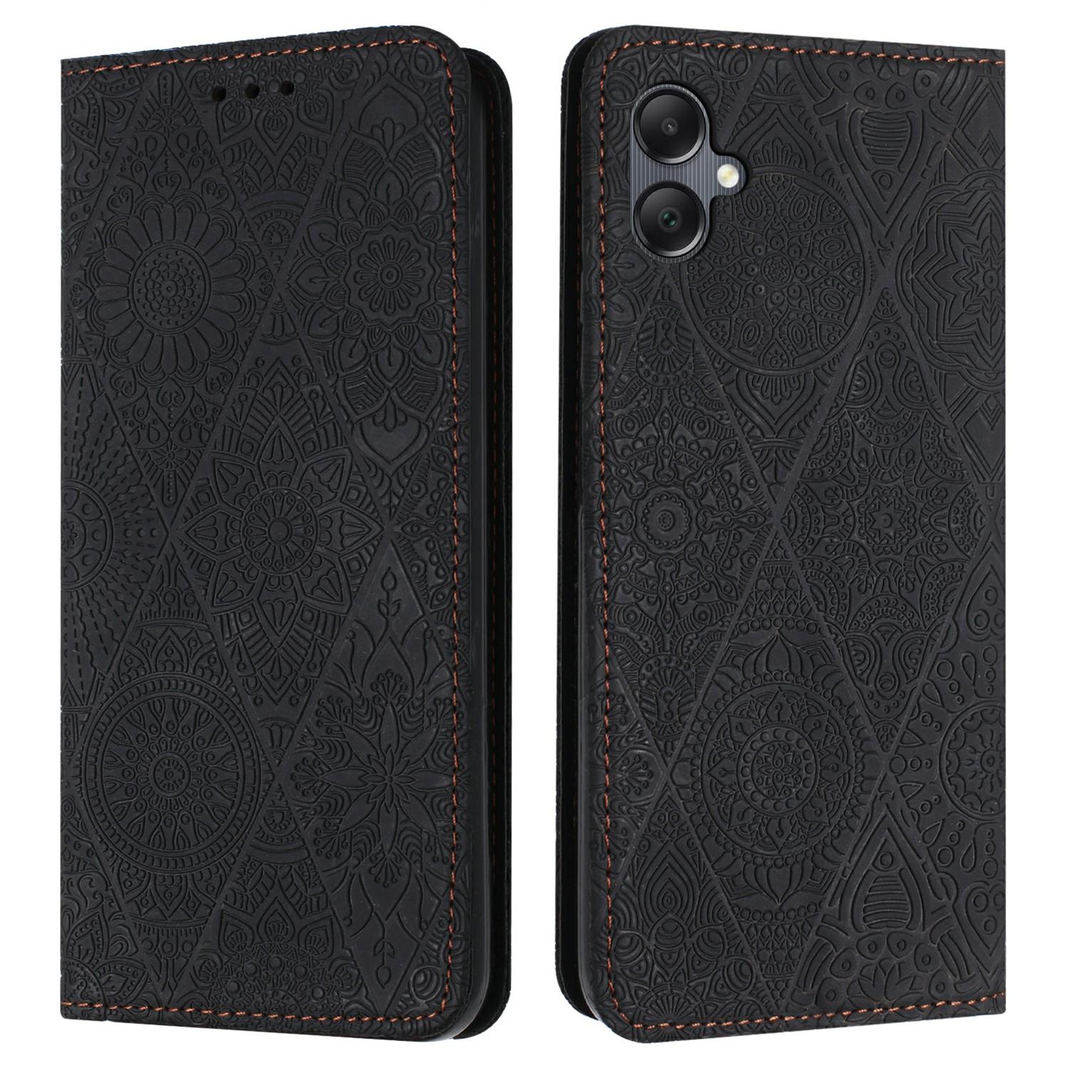 

For Samsung Galaxy A06 4G Case Imprinted Flower Wallet Stand Leather Phone Cover Black