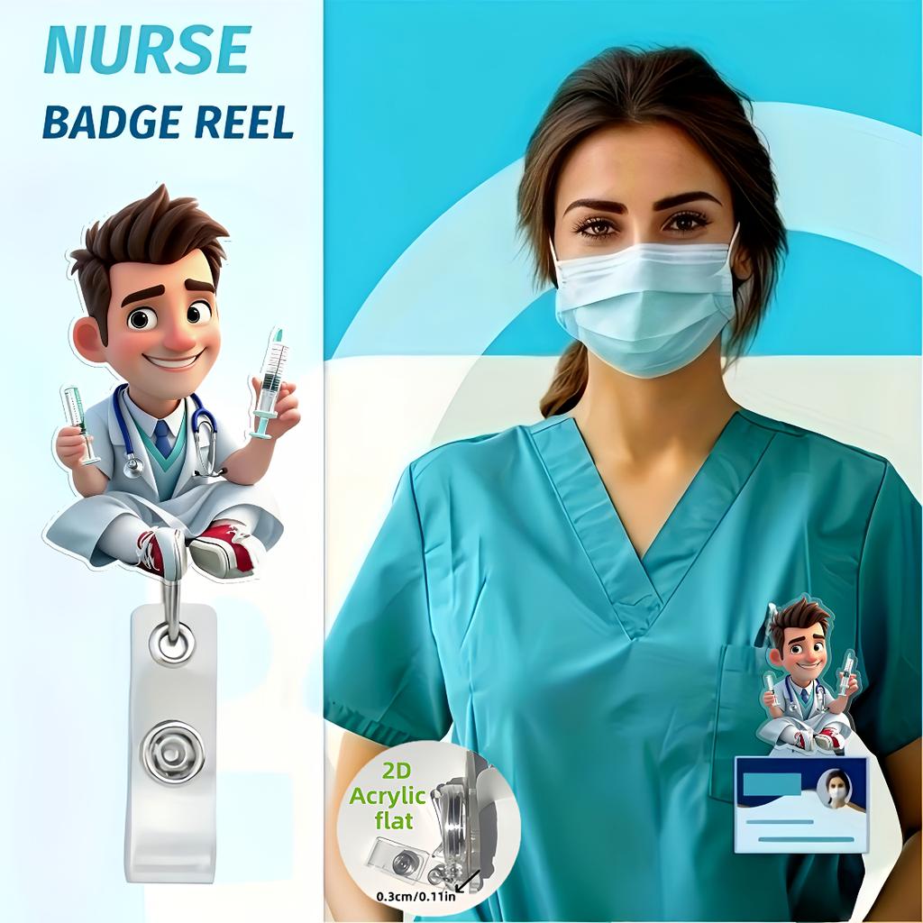 2D Flat Acrylic Syringe Holding Male Nurse Retractable Badge Clip, Medical ID Holder For Medical Students Nurses Workplace Identification