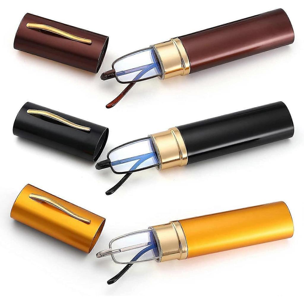 3 Pack Slim Pocket Reading Glasses For Men Women Blue Light Blocking Compact Readers Spring Hinge Metal Frame Eyeglasses With Portable Pen Clip Tube C