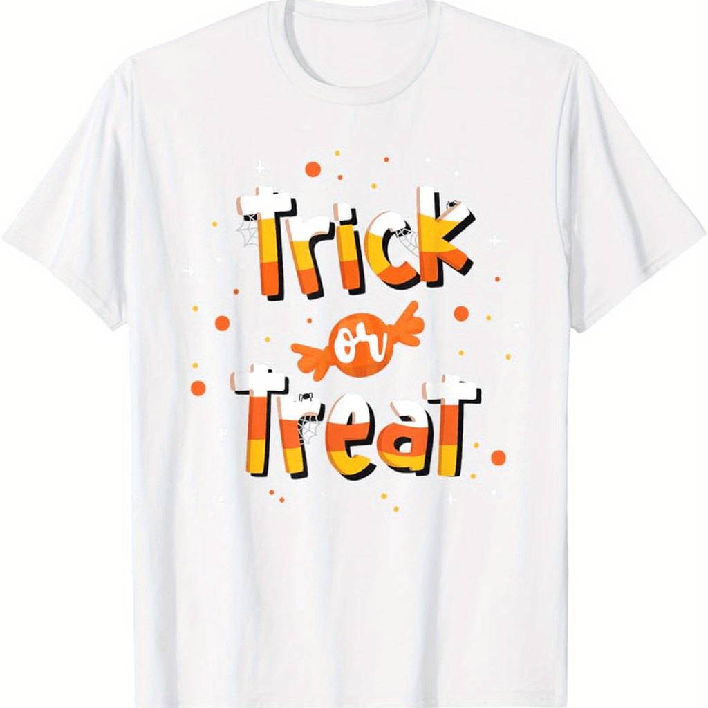 MenS Halloween Trick Treat Graphic TShirt  Black with Yellow  Orange Candy Print Short Sleeve Casual Round Neck