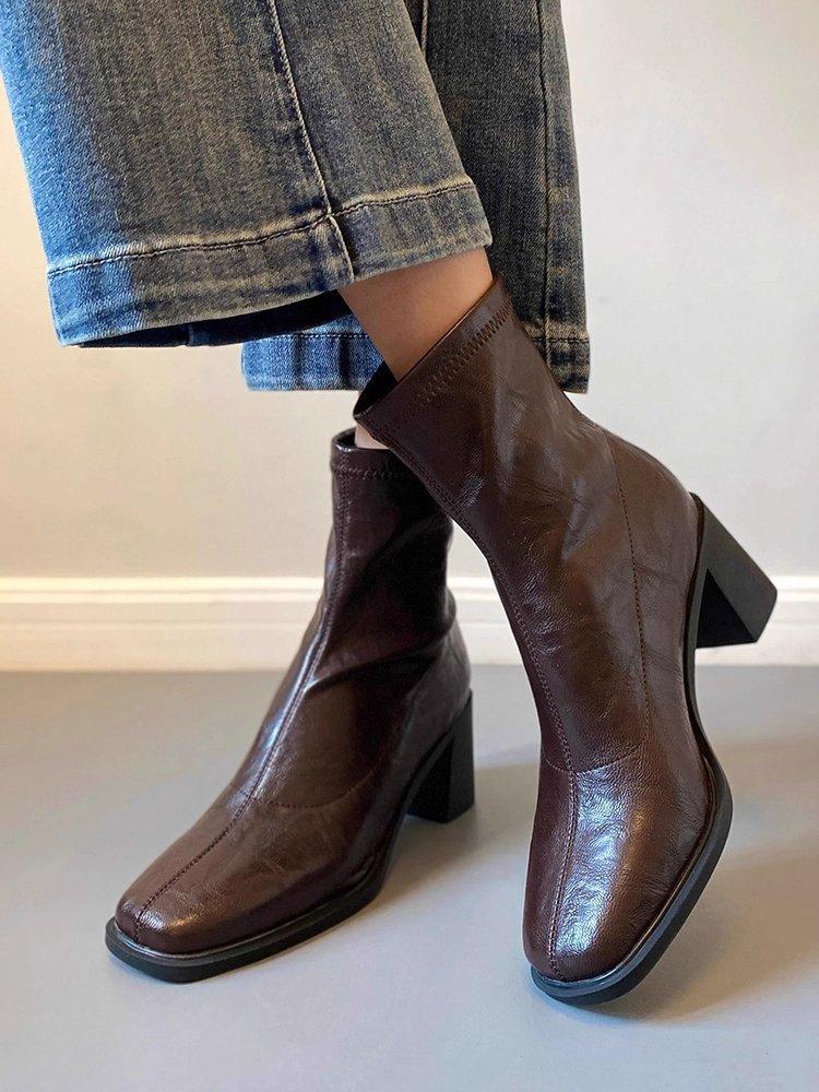 Soft Leather Version~ Short Boots Commuter High-heeled Elastic Thin Boots 2025 Autumn and Winter Soft-soled Public Sector Retro Thick-heeled Boots