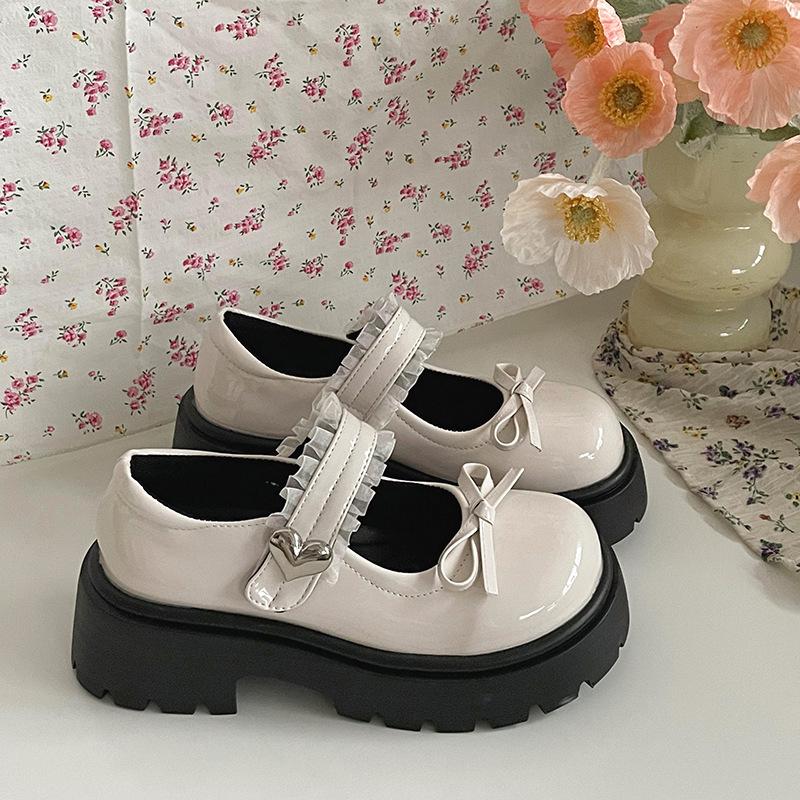 Black French retro bow platform small leather shoes women's 2025 new summer versatile skirt Mary Jane shoes