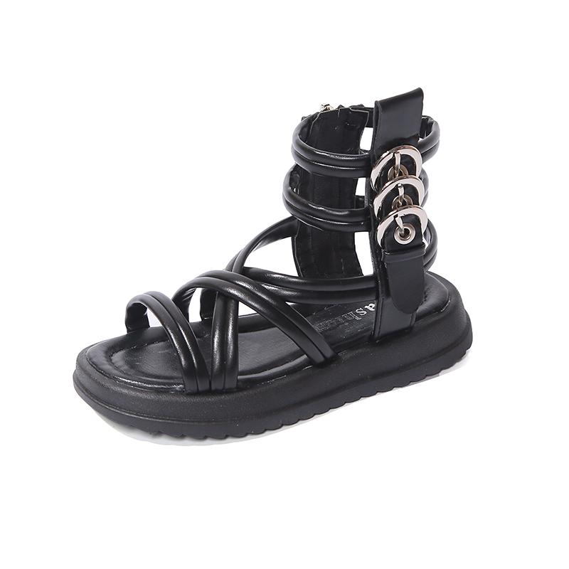 Girls Summer Gladiator Sandals with Side Zippers Metal Buckles Deco Cool Fashion 2024 Summer Brand New Kids Beach Shoes High-top