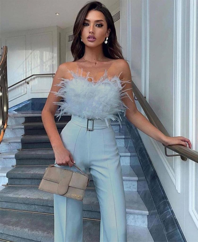 Stylish European & American Feather Strapless Jumpsuit