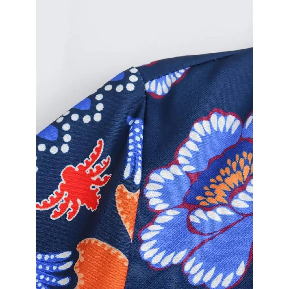 Vintage Print O-Neck Patchwork Maxi Dress Women Fashion Lantern Sleeves Loose Long Dresses Lady Casual Vacation Streetwear