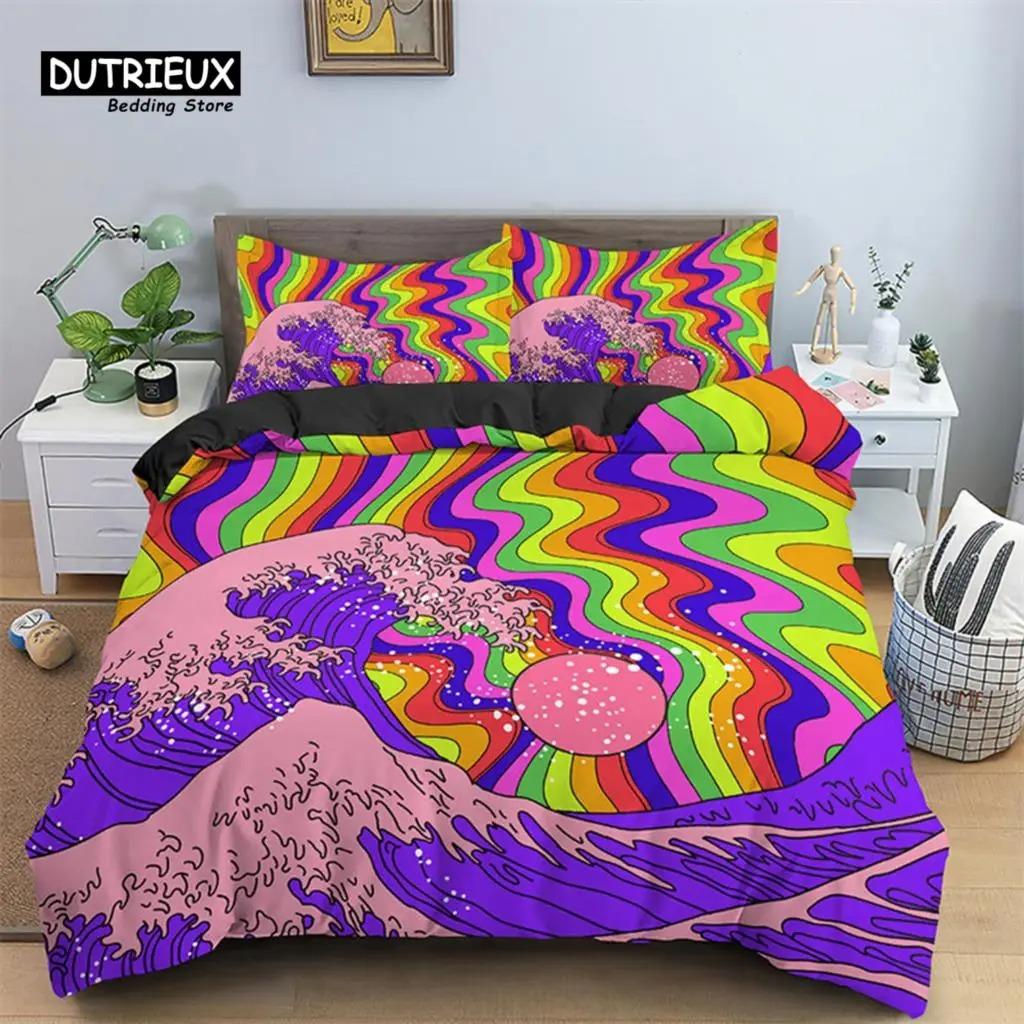 Poszewka na kołdrę Japońskie Fale Mikrofibra Abstrakcyjny Wzór Geometryczny Komplet pościeli Psychedeliczna Poszewka na kołdrę Dla Dziewcząt Pokój Nastolatka