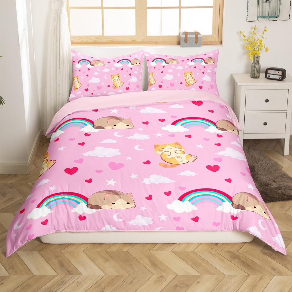 Rainbow Cat Duvet Covers For Kids Teens Girls Queen Lightweight Bedspread Cover Room Decor Kawaii Rainbow Ombre Cats Bedding Set