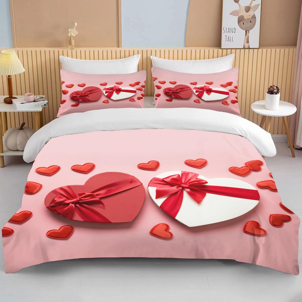 Love Heart Valentine's Day Red Pink Rose Flower 3D Bedding Set Duvet Cover Comforter Bed Linen For Couple Twin Queen King