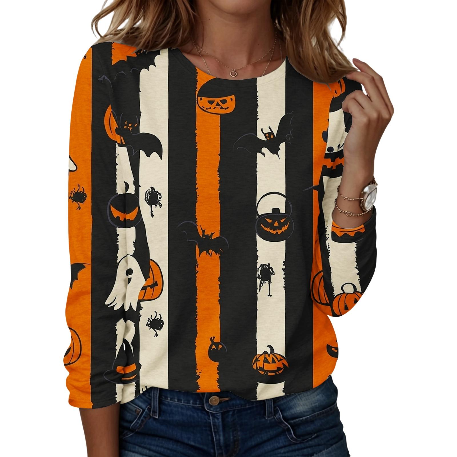 Women s Casual Long Sleeve Halloween Print Round Neck Top L