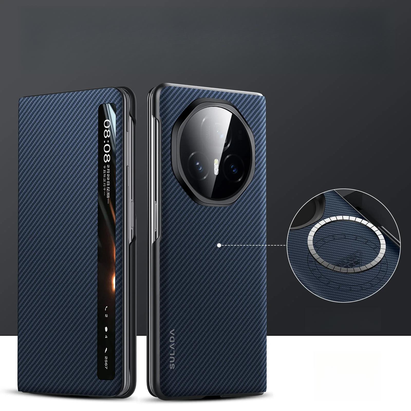 

Чехол из углеродного волокна 600D Kevlar с текстурой из матового стекла для Honor Magic V3 Vs3 с магнитным беспроводным зарядным устройством, откидной чехол, складная всеобъемлющая защита, умное окно for Honor Magic V3 синий