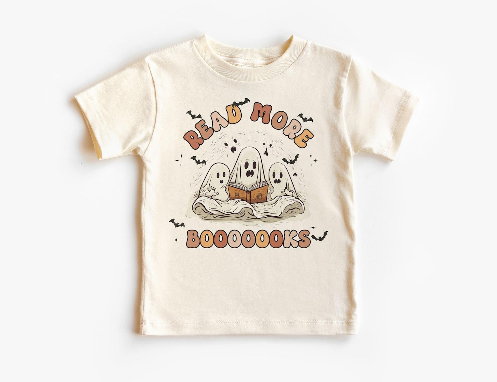 Retro Read More Booooooks Ghost Kids Shirt - Cute Reading Ghosts Tee - Cute Halloween Costume - Unisex & Youth Boho Natural T-Shirt 160
