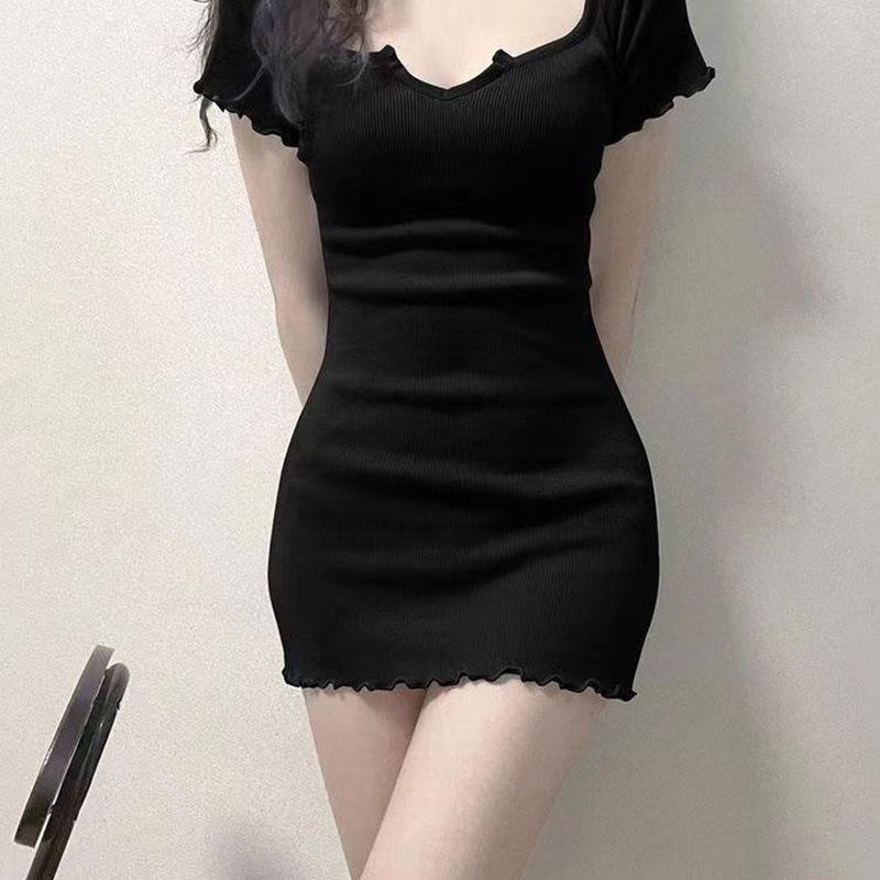 Ins Sexy Babes U-neck Slim-fitting and Thin Bottoming Dress Short Skirt Korean Version Pure Desire Hip-wrapped Short Skirt Women's Wholesale