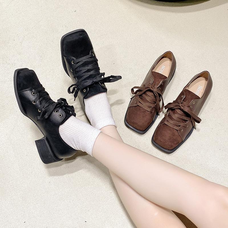 Spring and Autumn 2025 New Niche Mid-heel Retro Small Leather Shoes for Korean Style Lace-up Square Toe Fashion Women's Shoes