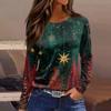 Women's Fashion Casual Slit Hem Round Neck Long Sleeve Loose Christmas Printed T-Shirt Ladies Top