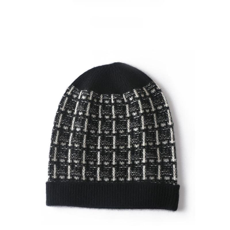 Women Colorful Silk Pure Cashmere Knit Beanie Hat Warm Winter Fashion Checkered Pattern Headwear Soft Cozy Casual Cap Dedicate
