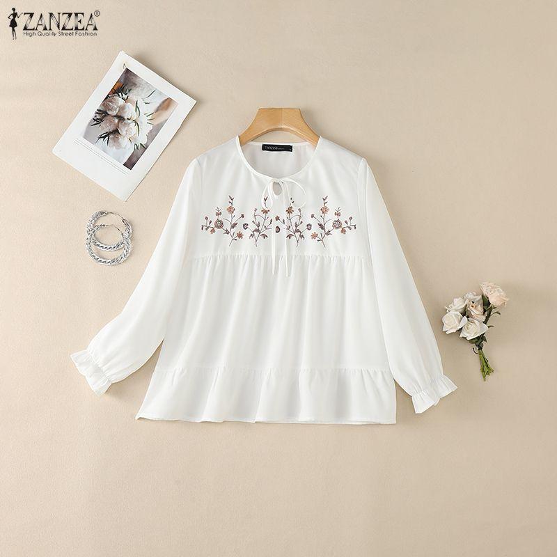 ZANZEA Women Casual Round Neck Loose Long Sleeve Print Blouse