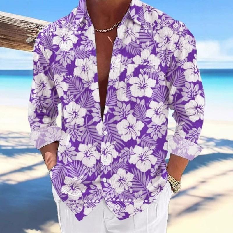 Herren Geblümt Langarmshirt Locker Leicht Strandurlaub Knopfleiste Oberteile