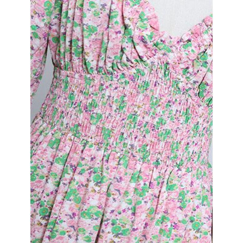 European and American Single Niche Design French Retro Oil Painting Floral V Neck Backless High Waist Slim Looking Silm Dress Female