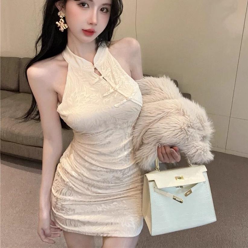 Petite High-Waisted Halter Cheongsam Bodycon Dress for Women