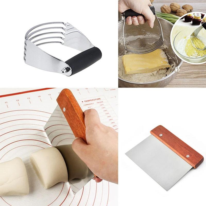 Dough Blender and Bench Scraper Set for Baking Pastry Cutter Butter Mixer Dough Divider with Wooden Handle Kitchen Tools