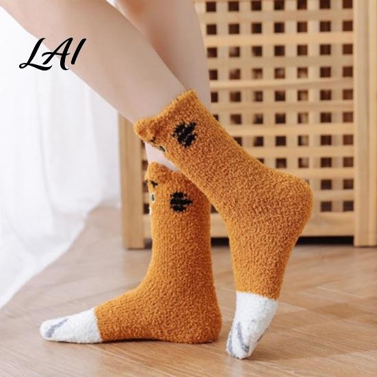 Winter Gifts for Girlfriends Cute Cat Paw Socks Women Fuzzy Socks Cozy Soft Plush Embroidered Women Animal Slipper Warm Coral Fleece Sleeping Autumn