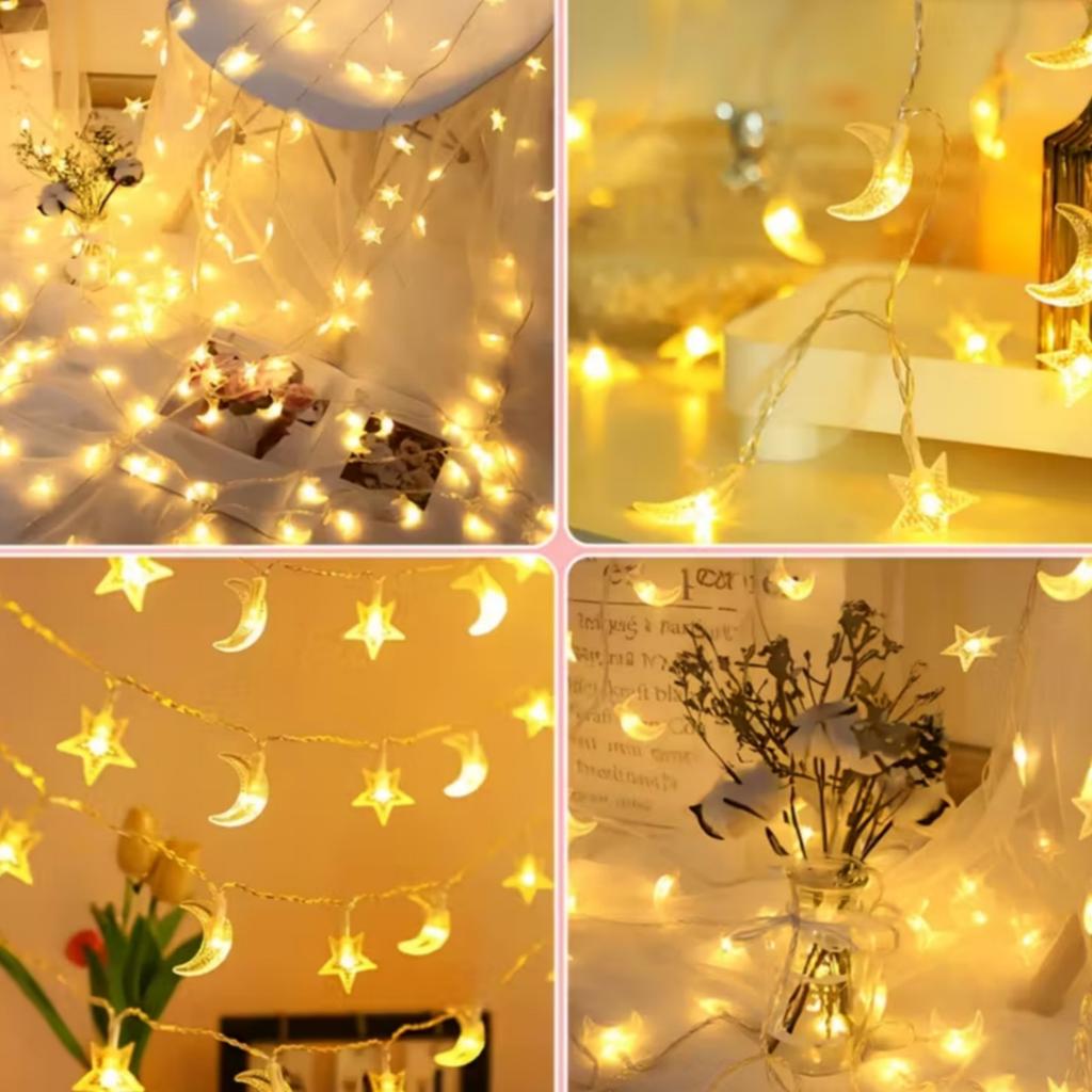 1pc 10/20/40 LED Star and Crescent String Lights Battery Powered Ideal For Ramadan Mubarak Celebrations and Wedding Party Decor